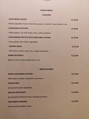 Dec 16, 2021 vegan menu at Restaurant Ballestas in Paracas