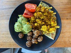 Scrambled tofu wrap with avocado instead of lettuce as requested  at Onda Food House in Aireys Inlet