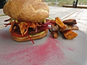 black bean burger with avo,  salad and an amazing cashew hollandaise  at Onda Food House in Aireys Inlet