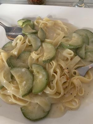 Vegan cream pasta with zucchini  at Veggitalia in Puerto Vallarta