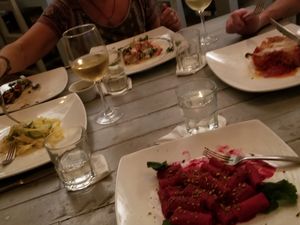 Clockwise from top : manicotti, lasagna, chef special and zucchini cream tagelitelle at Veggitalia in Puerto Vallarta