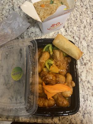 Orange chick’n veggie rolls and fried rice   at VeGreen in Duluth