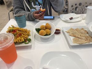 (Left to right) friend enoki mushroom, crispy shrimp balls, roto canai  at VeGreen in Duluth