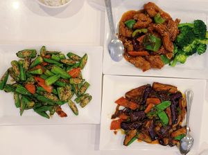 okra, vegan beef with broccoli, and eggplant dishes.  at VeGreen in Duluth