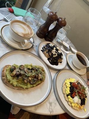 Blueberry pancakes, wild mushroom toast, scrambled tofu at Plants by Deliciously Ella in London