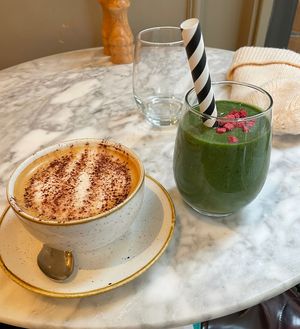 Oat cappuccino + Creamy Greens Smoothie  at Plants by Deliciously Ella in London