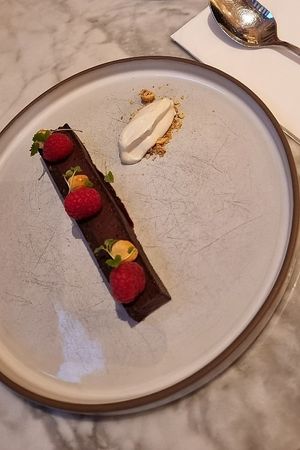 Chocolate fondant with raspberries at Plants by Deliciously Ella in London