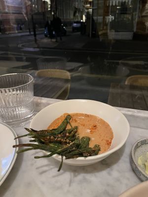 Okra fries - peanut sauce, sashimi salt ☀️😋   at Plants by Deliciously Ella in London