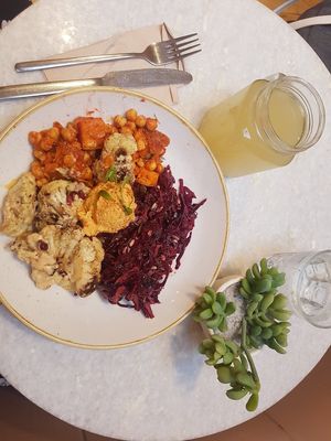 3 salads bowl and a hot ginger tonic at Plants by Deliciously Ella in London