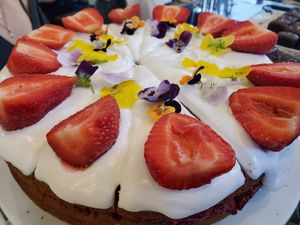 Victoria sponge cake at Plants by Deliciously Ella in London