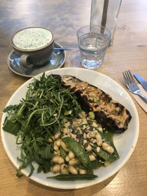Salad with extra aubergine and chai latte at Plants by Deliciously Ella in London