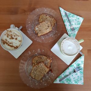 Nutty butterscotch cake, soya latte and soya chai latte at Boo-Tea-Licious Tea Rooms in Paphos