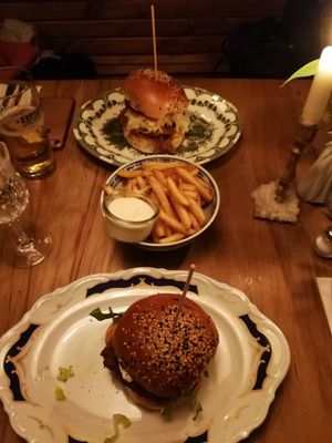 Mushroom and soy burger with fries at Grilly Idol in Hamburg