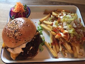 Burger menu with shiitake burger, asian salad and the special fries (don't remember the Name) at Grilly Idol in Hamburg