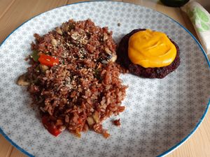 beetroot burger + red rice  at Vía-Organica in Tenerife