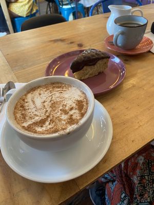 Chai latte and vegan cake  at La Morada Alegre in Valparaiso