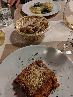 Lasagna and home made bread at La Tecia Vegana in Venice