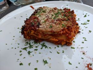Amazingly good vegan lasagna at La Tecia Vegana in Venice