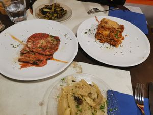 Lasagna and eggplant parmasan at La Tecia Vegana in Venice