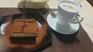 Tiramisu (€6) and macchiato with almond milk at La Tecia Vegana in Venice