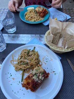 Thai noodles and lasagna ragu at La Tecia Vegana in Venice