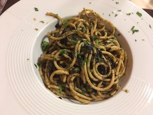 Bigolli in salsa (seaweed, olives, capers)  at La Tecia Vegana in Venice