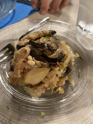 Eggplant Saor appetizer (mushy eggplant with raw onion)  at La Tecia Vegana in Venice