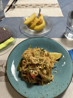 Pad Thai and roast potatoes   at La Tecia Vegana in Venice