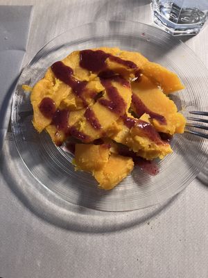 Pumpkin with delicious cinnamon sauce (good enough for dessert)    at La Tecia Vegana in Venice