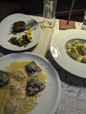 Ravioli, pesto gnocchi and fish at La Tecia Vegana in Venice