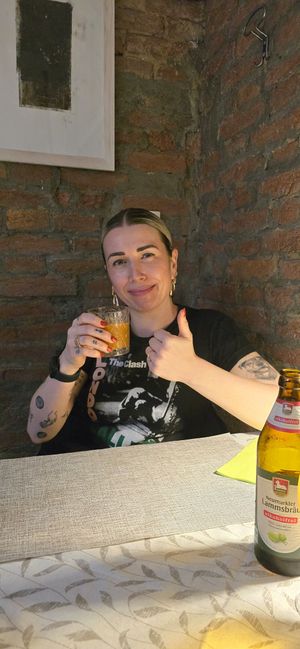 Beautiful wife and her peach juice. at La Tecia Vegana in Venice