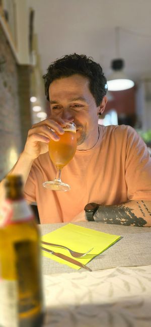 This mug and his nonalcoholic beer. at La Tecia Vegana in Venice