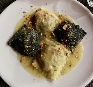 Black & white ravioli  at La Tecia Vegana in Venice