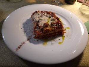 Lasagna with red seitan ragù at La Tecia Vegana in Venice