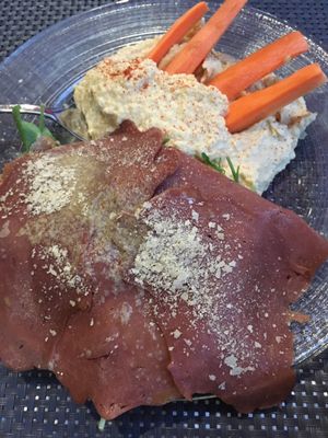 Hummus and vegan cold cuts at La Tecia Vegana in Venice