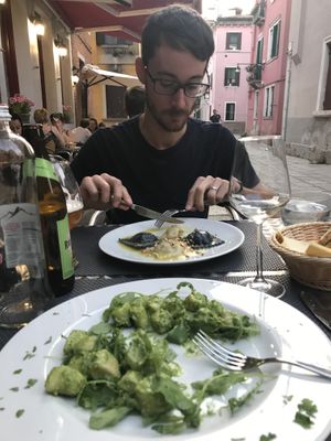 Gnocchi with pesto and ravioli across from me - both delicious!!!! at La Tecia Vegana in Venice