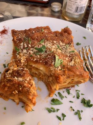Lasagna — my favorite dish here at La Tecia Vegana in Venice