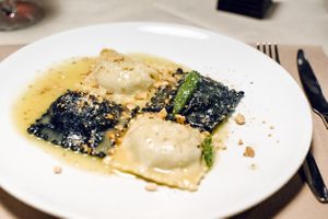 Ravioli con seitan e funghi porcini at La Tecia Vegana in Venice