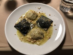 Ravioli filled with seit an and mushrooms. at La Tecia Vegana in Venice