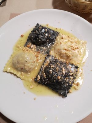 Home made black and white raviolia at La Tecia Vegana in Venice