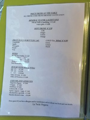 Getränkekarte at La Tecia Vegana in Venice