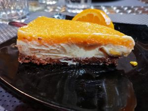 "Chhese" cake with tofu, orange, raw granola,and cocoa at La Tecia Vegana in Venice