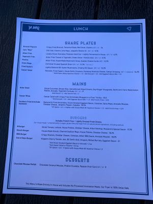 Menu at The Arbor in Vancouver