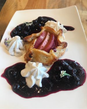 Peach galette dessert  at The Arbor in Vancouver