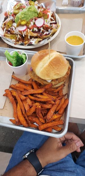 Spicy Chik'n with sweet potato fries at Kal'ish in Chicago