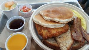 Wilson 2x4 Breakfast w/2 pancakes, bacon, Just egg, hash cake, pick & cheese sauce at Kal'ish in Chicago