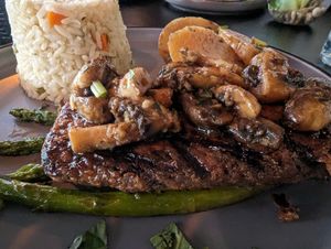 Beyond Steak with asparagus and fried mushrooms at The Lemon Tree in St Catharines