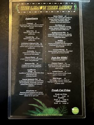Dinner menu  at The Lemon Tree in St Catharines