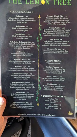 Menu at The Lemon Tree in St Catharines