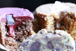 (left) vicious velvet cupcake, (right) thai tea cupcake, (front, bottom) chocolate chip cookie with walnut - all gluten free at Caked Up in Rancho Cucamonga